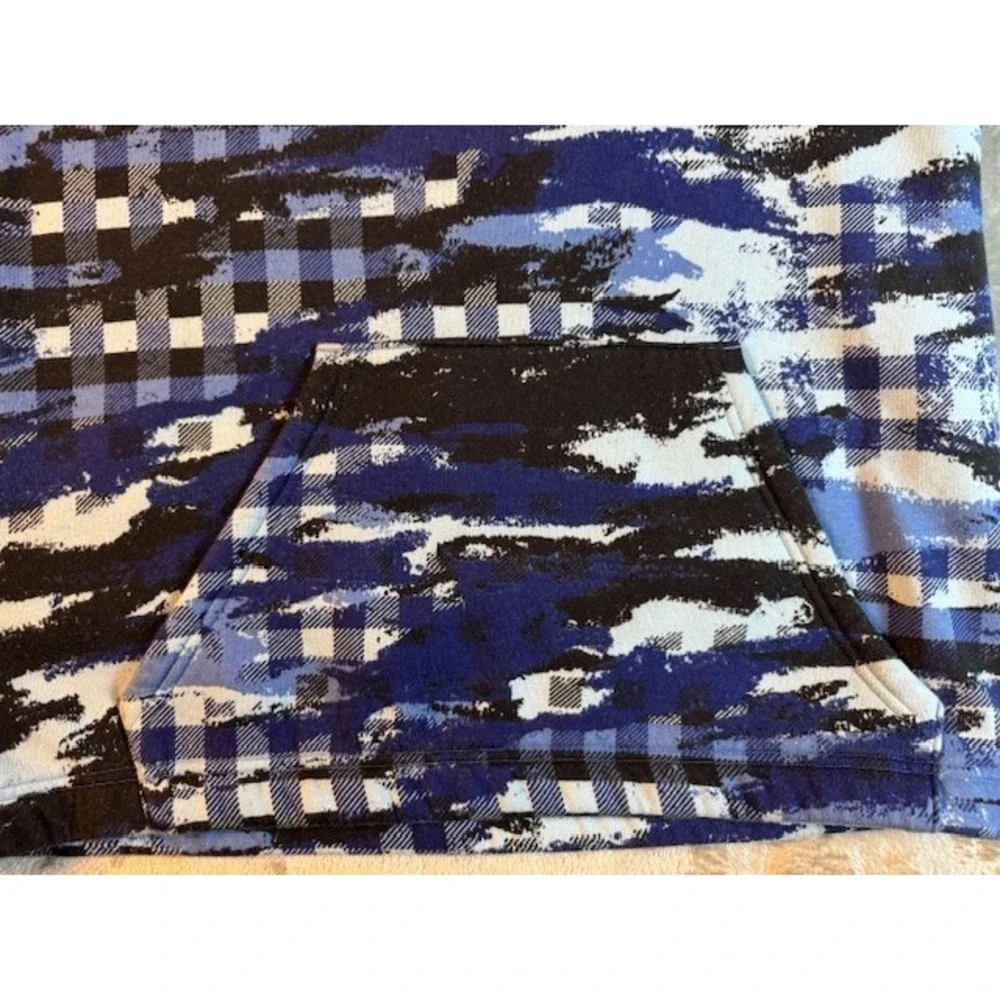 Adidas Hoodie Mens Medium Blue‎ Black Buffalo Plaid Camo Fleece Pullover Graphic